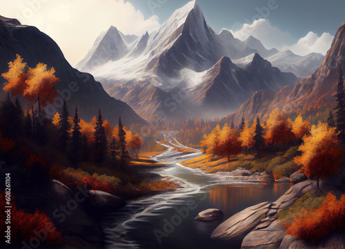 A beautiful autumn scene unfolds, where a mighty mountain towers over a serene river, its banks adorned with trees ablaze in the rich hues of the fall, painting a breathtaking portrait of nature