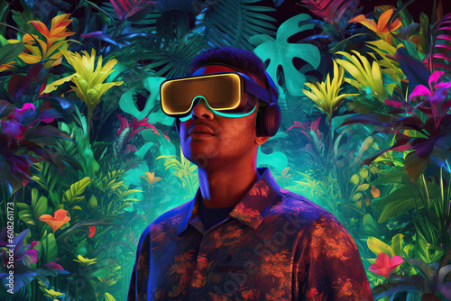 Generative AI illustration African American male in VR googles in virtual theatre standing against neon illumination of green leaves and flowers photo