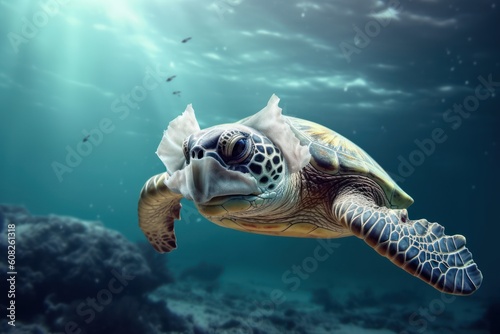 white sea turtle going to eat a surgical mask. Generative AI
