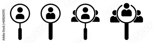 Hiring loupe icon. We are hiring with magnifier glass icon. Job candidate symbol. Find job sign. Hiring loupe icon set. Stock vector illustration