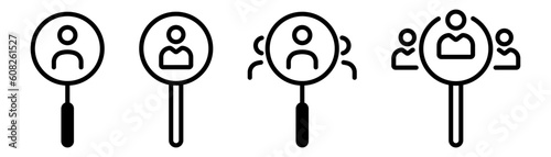 Hiring loupe icon. We are hiring with magnifier glass icon. Job candidate symbol. Find job sign. Hiring loupe icon set. Stock vector illustration