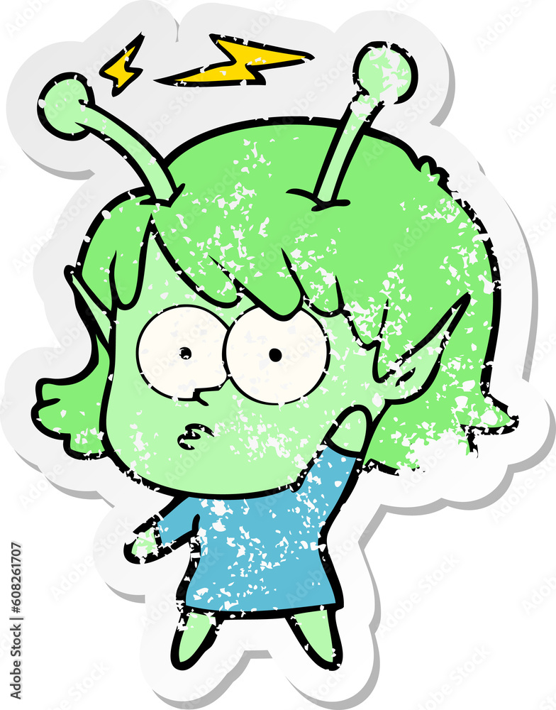 distressed sticker of a cartoon alien girl distressed sticker of a cartoon alien girl