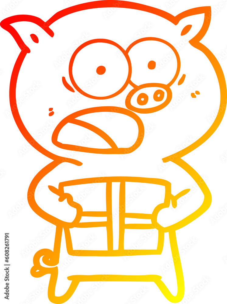 warm gradient line drawing of a cartoon pig with christmas present warm gradient line drawing of a cartoon pig with christmas present