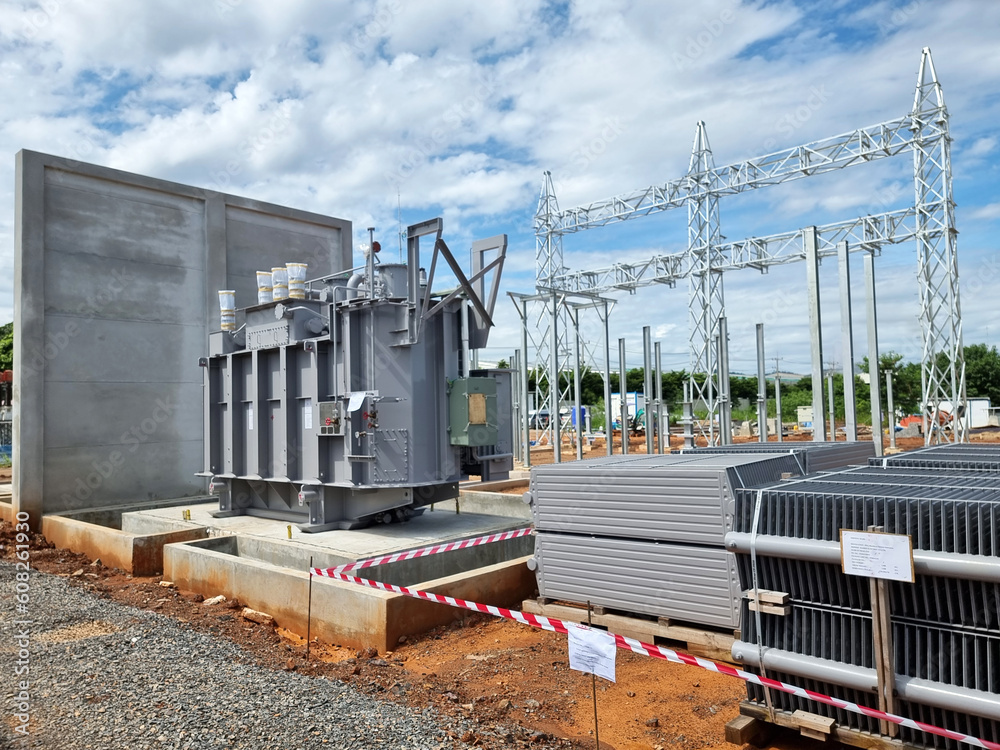 Construction of Substation, 115kV-22kV Power transformer Installation, Main Tank, radiators Construction of Substation, 115kV-22kV Power transformer Installation, Main Tank, radiators