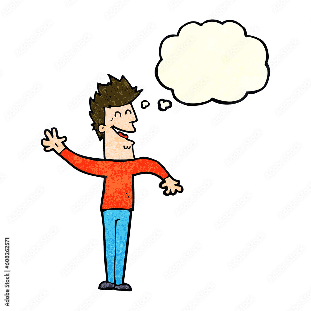 cartoon happy man waving with thought bubble cartoon happy man waving with thought bubble