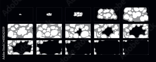 Smoke explosion animation. 2d cartoon smoke animated sprite sheet frames. Flash motion boom Exploding effect storyboard vector illustration set.