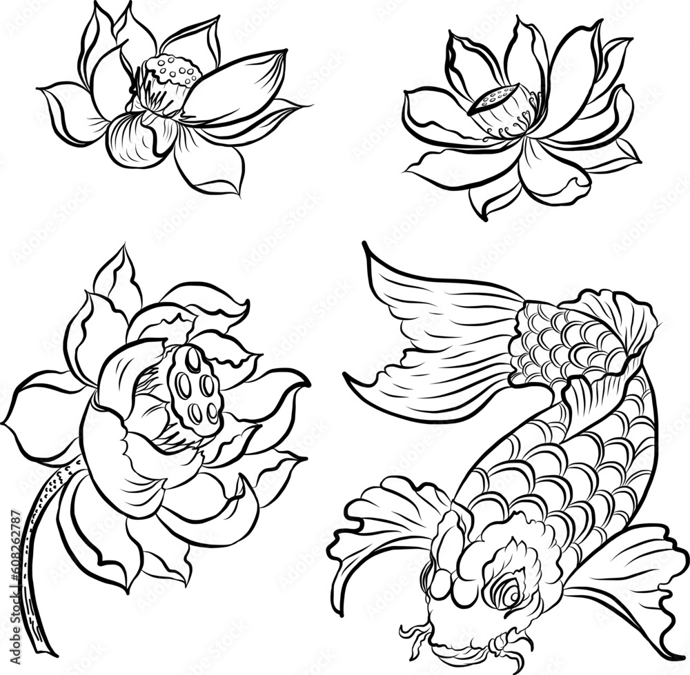 Koii fish vector,swiming on river,koi carp with lotus and lotus leaf on a blue background.Traditional Japanese culture art for printing on white background. Koii fish vector,swiming on river,koi carp with lotus and lotus leaf on a blue background.Traditional Japanese culture art for printing on white background.