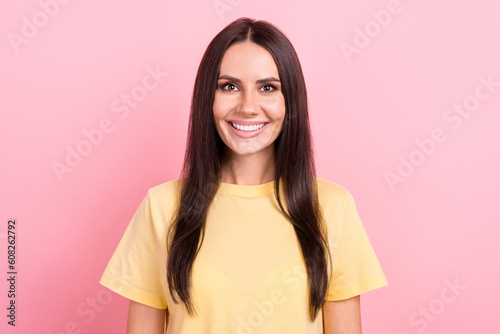 Photo of young pretty caucasian appearance lady bleaching white teeth smile wear yellow pastel shirt isolated pink color background
