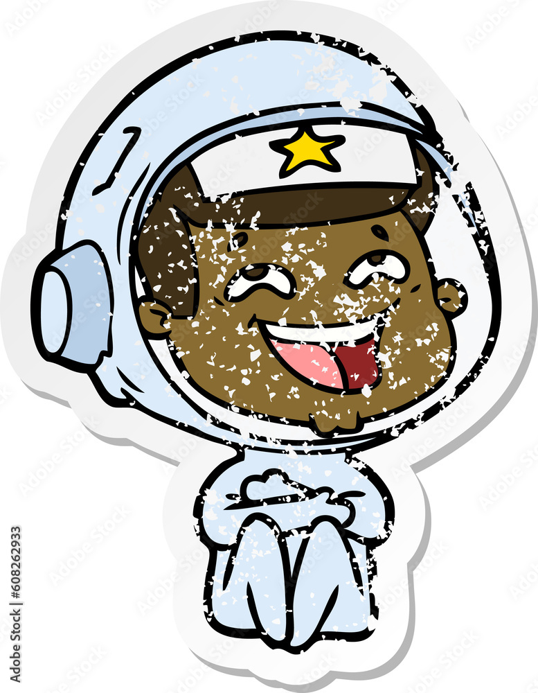 distressed sticker of a cartoon laughing astronaut distressed sticker of a cartoon laughing astronaut