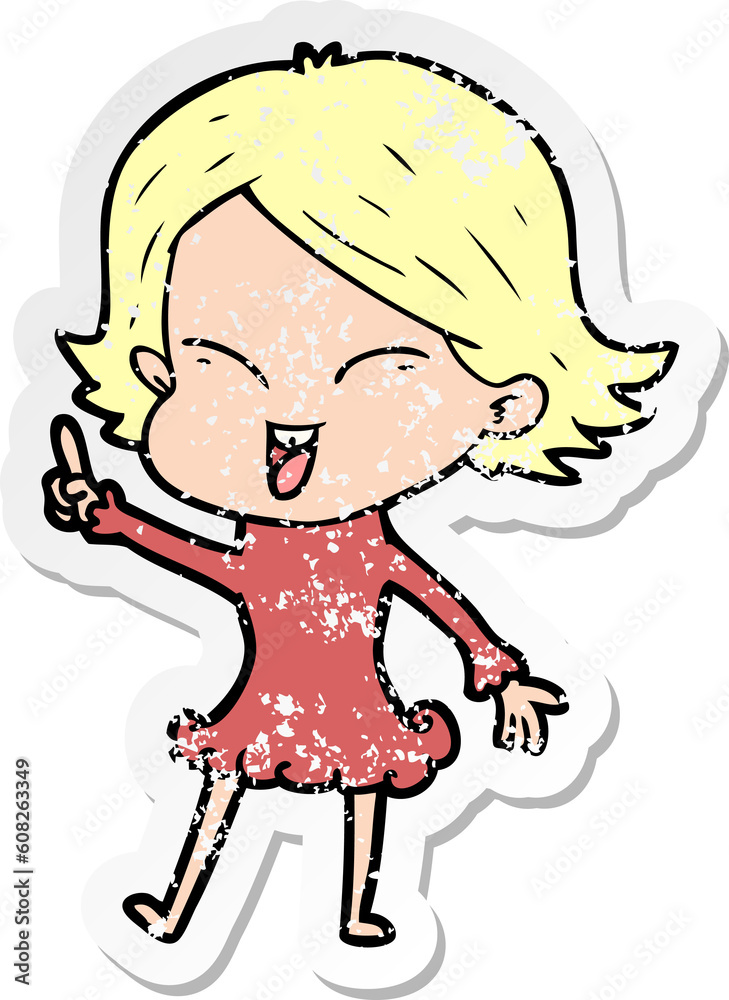 distressed sticker of a happy cartoon girl distressed sticker of a happy cartoon girl