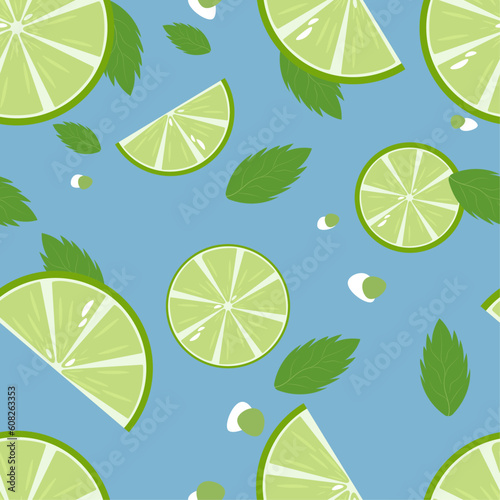 summer seamless pattern with limes and mint on blue background, Mojitos  pattern