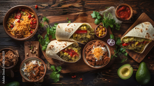 Mexican Food, Burritos, Fajitas, pico de gallo, beef and cheese, avocados with ingredients on a rustic wooden table background. generative ai