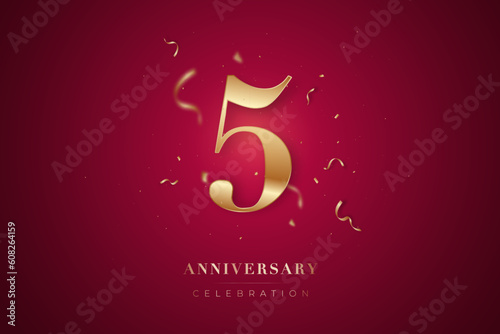 5st Anniversary celebration greeting card. Golden metallic Number 5 with sparkling confetti on red background. Design template for birthday or wedding party event decoration.
