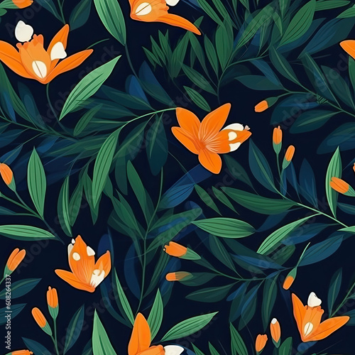 Seamless Green Leaves and Orange Flowers