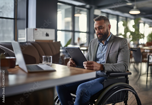 A man in a wheelchair using a tablet photo