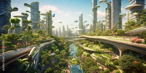Moderne Stadtplanung in der Zukunft, futuristische neue Stadt mit vorbildlicher Architektur, ai generativ