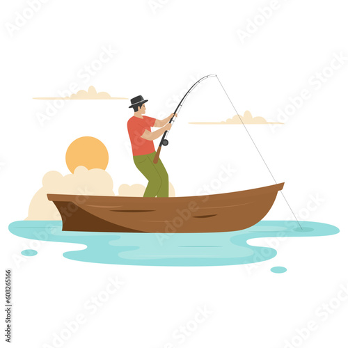 Fisherman in a wooden boat illustration concept. Illustration for websites, landing pages, mobile apps, posters and banners. Trendy flat vector illustration