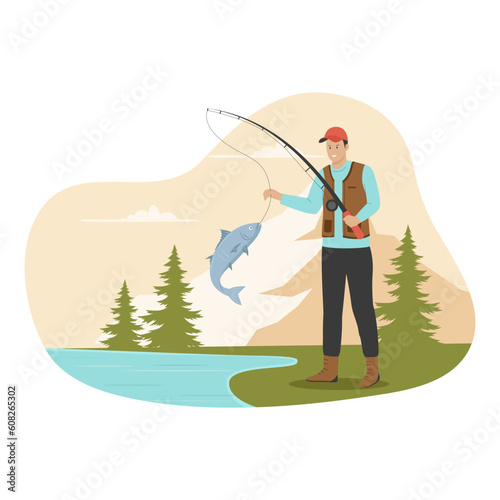 Fisherman on fishing illustration concept. Illustration for websites, landing pages, mobile apps, posters and banners. Trendy flat vector illustration