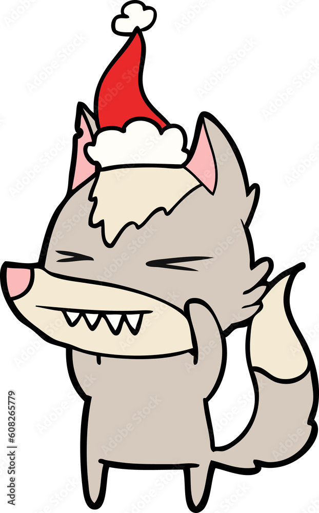 angry wolf hand drawn line drawing of a wearing santa hat angry wolf hand drawn line drawing of a wearing santa hat