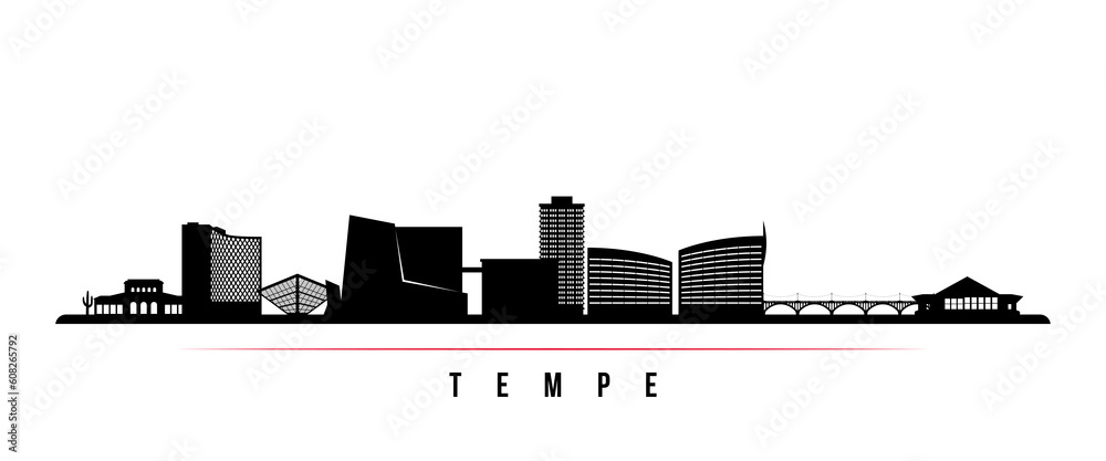 Tempe, AZ skyline horizontal banner. Black and white silhouette of Tempe, AZ city. Vector template for your design.