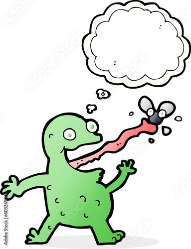 cartoon frog catching fly with thought bubble