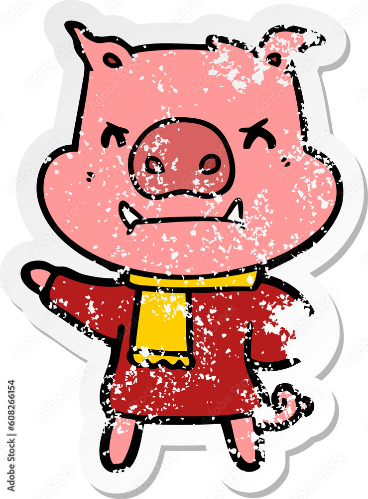 distressed sticker of a angry cartoon pig in winter clothes distressed sticker of a angry cartoon pig in winter clothes