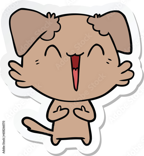 sticker of a happy little cartoon dog laughing