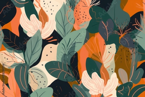 Modern exotic jungle plants illustration pattern. Creative collage contemporary floral seamless pattern. Fashionable template for design  Generative AI