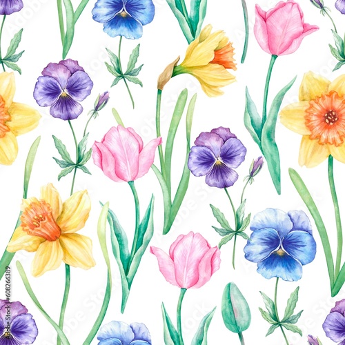 Bright floral pattern with yellow daffodils, pink tulips, purple and blue pansies on a white background. Hand-drawn watercolor illustration. Design for fabric, wrapping paper, cover wrap.