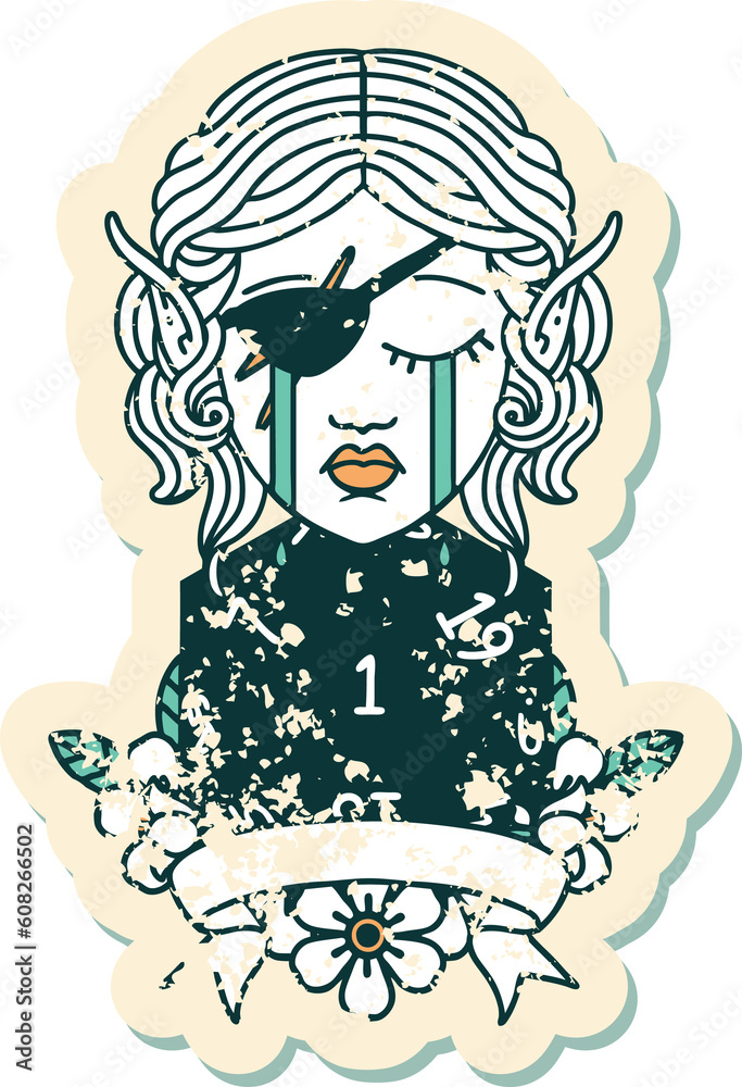 Retro Tattoo Style crying elf rogue character with natural one D20 roll Retro Tattoo Style crying elf rogue character with natural one D20 roll
