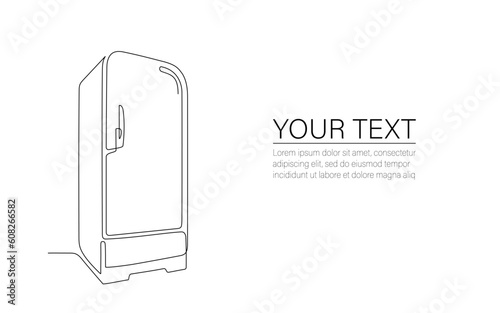 One line drawing of refrigerator in retro style with place for text. Continuous line drawing of Home appliance, fridge. Editable stroke contour of refrigerator Doodle hand drawn vector Poster template