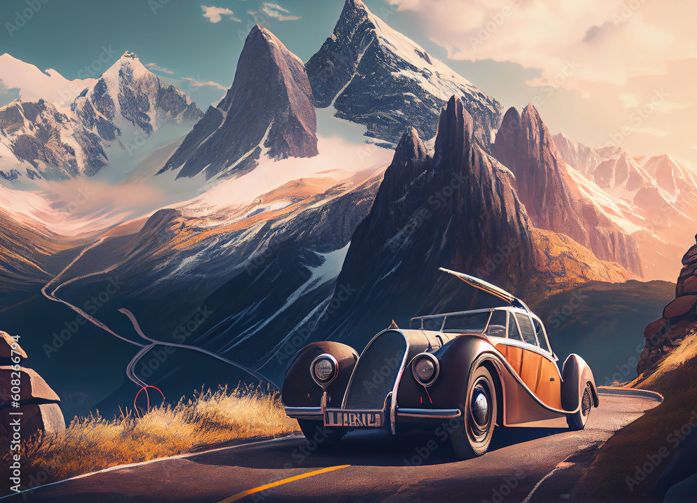 An imposing desert mountain dominates the scene, its stark beauty contrasting with the lonely car on a dusty road, the vehicle's presence a symbol of resilience in the heart of this vast wilderness.