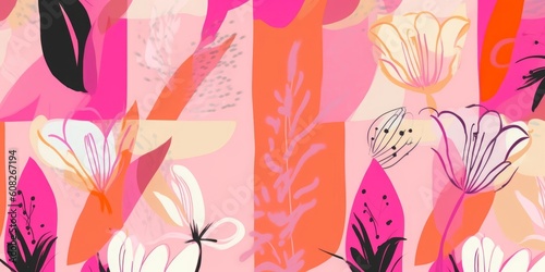 Hand drawn bright cute pink artistic flowers print. Modern botanical geometric pattern. Fashionable template for design, Generative AI