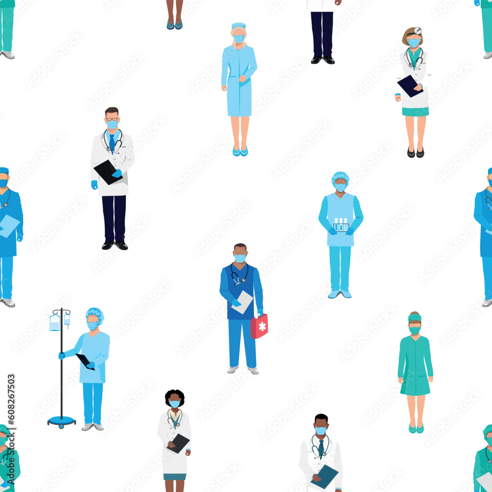 Doctors and nurses seamless pattern. Thank you doctors for saving lives. Doctors, nurses and paramedics in medical clothes and protective masks of different nationalities and genders.