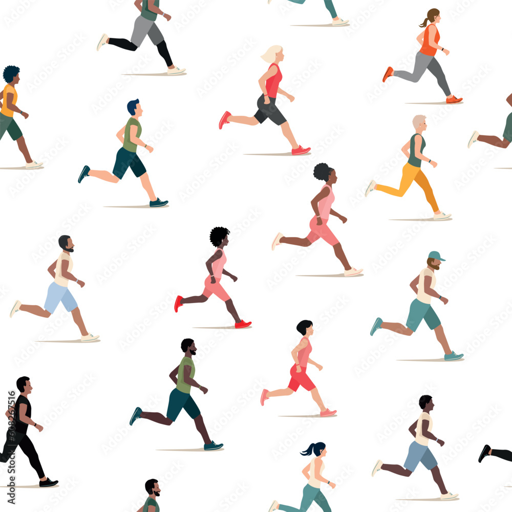 A large group of men and women of different nationalities run together. Marathon. Sports and active lifestyle. Flat vector seamless pattern.