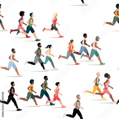 A large group of men and women of different nationalities run together. Marathon. Sports and active lifestyle. Flat vector seamless pattern.