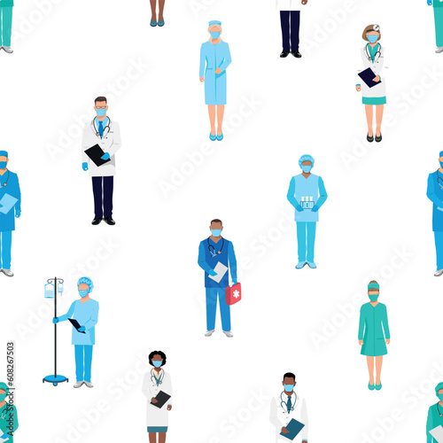 Doctors and nurses seamless pattern. Thank you doctors for saving lives. Doctors, nurses and paramedics in medical clothes and protective masks of different nationalities and genders.