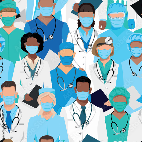 Doctors and nurses seamless pattern. Thank you doctors for saving lives. Doctors, nurses and paramedics in medical clothes and protective masks of different nationalities and genders.