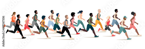 A large group of men and women of different nationalities run together. Marathon. Sports and active lifestyle. Flat vector illustration.