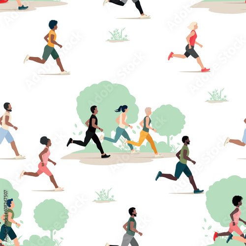 A large group of men and women of different nationalities run together. Marathon. Sports and active lifestyle. Flat vector seamless pattern.