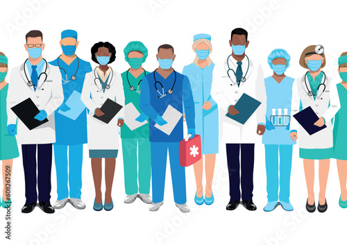 Doctors and nurses seamless pattern. Thank you doctors for saving lives. Doctors, nurses and paramedics in medical clothes and protective masks of different nationalities and genders.