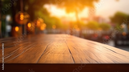  Wooden table background of the restaurant view with cosy light, mockup, copy space, generative AI, selective focus 