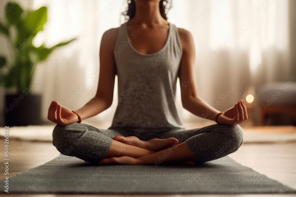 Close-up of woman practicing yoga meditation exercise. Generative AI