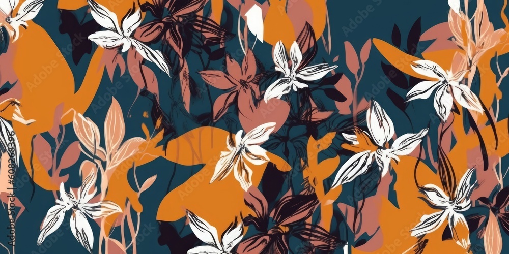 Modern floral exotic print. Collage artistic contemporary seamless pattern. Hand drawn style, Generative AI