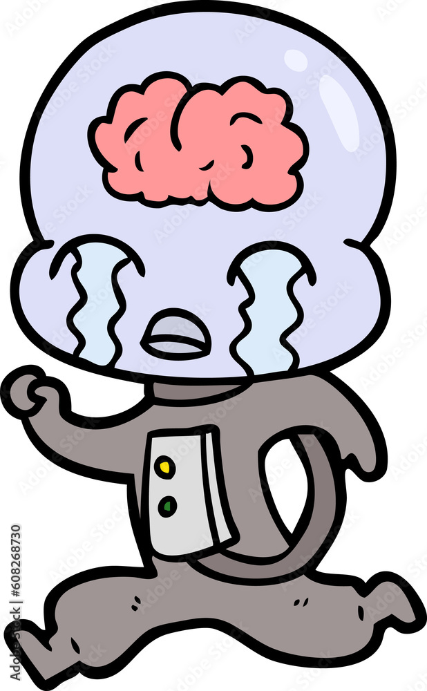 cartoon big brain alien crying running