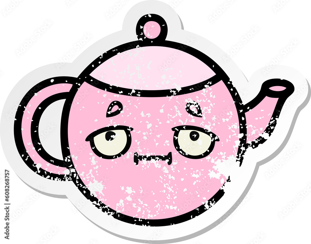 distressed sticker of a cute cartoon teapot