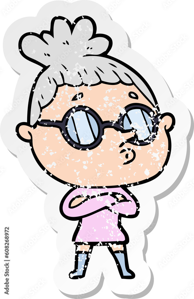distressed sticker of a cartoon woman wearing glasses distressed sticker of a cartoon woman wearing glasses