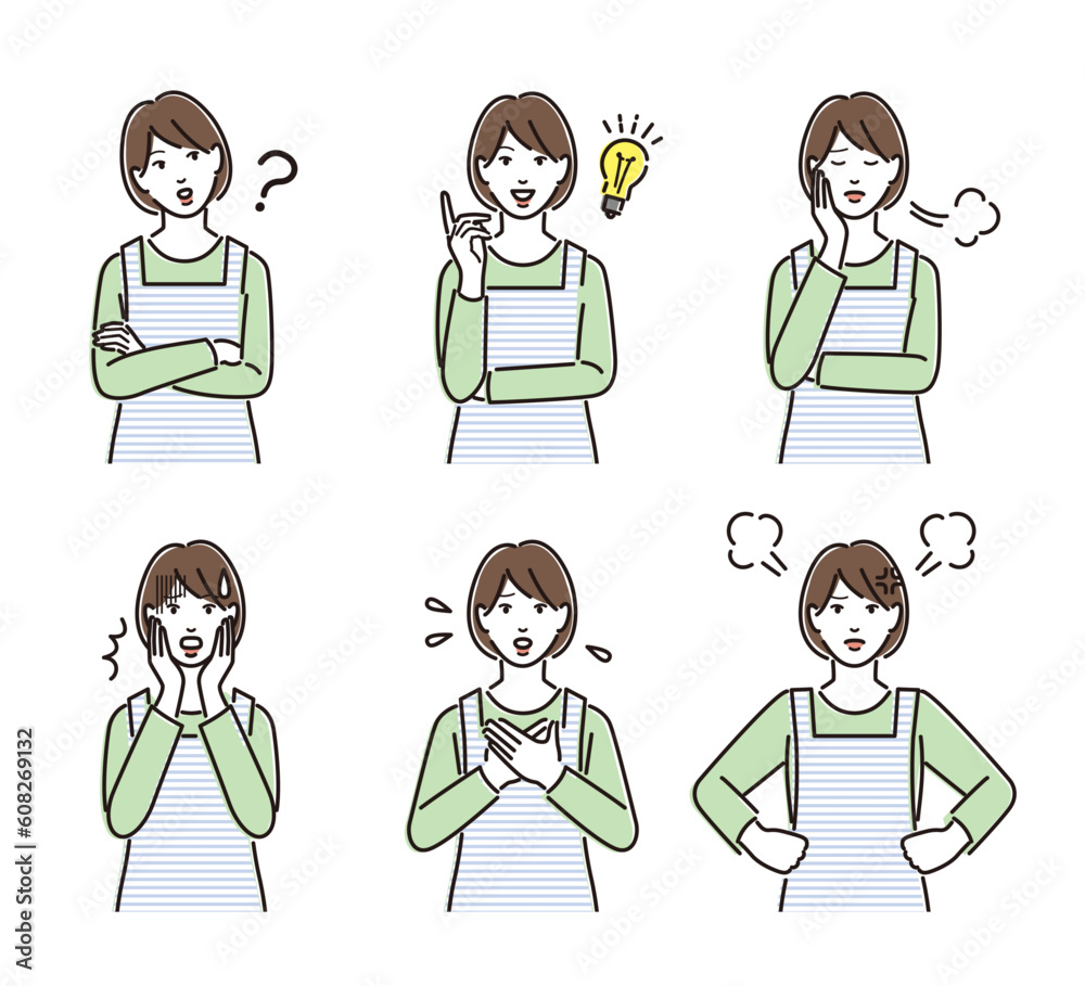 エプロンを着た女性のよくあるポーズのセット エプロンを着た女性のよくあるポーズのセット