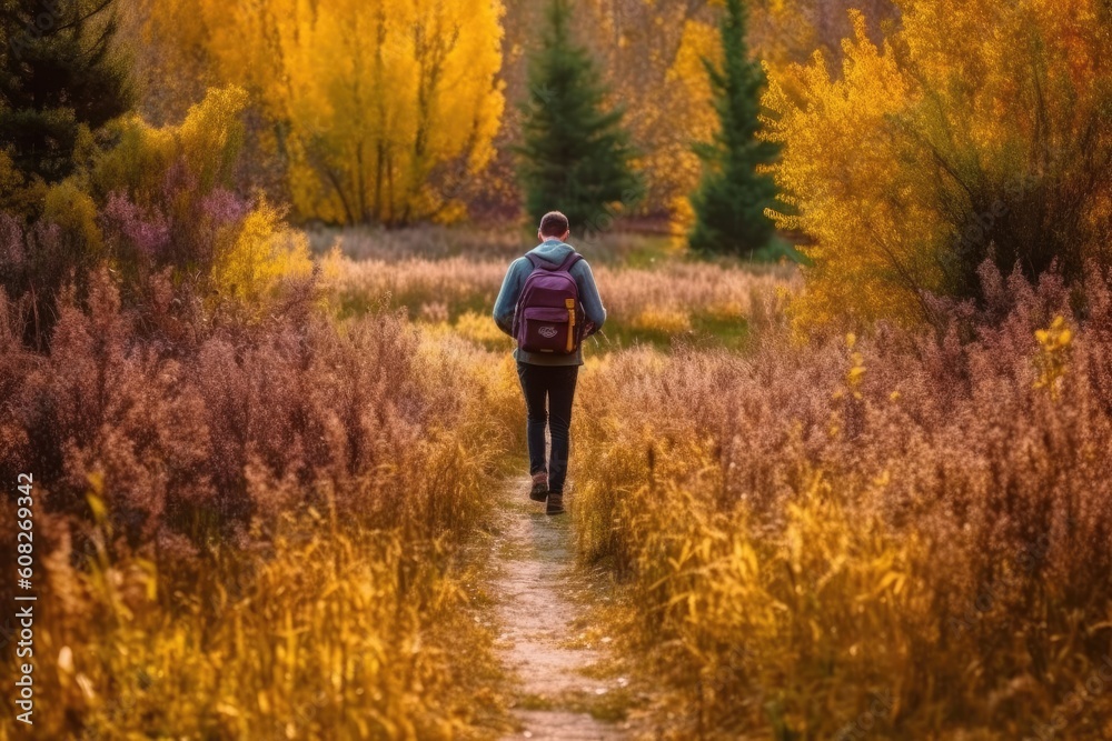 young man walking in autumn with his backpack on forest path Generative AI