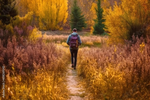 young man walking in autumn with his backpack on forest path Generative AI © SKIMP Art